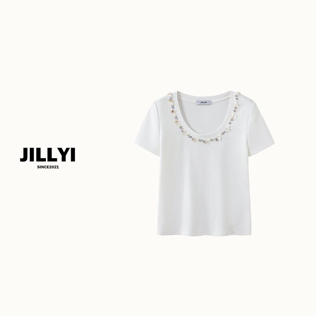 JILLYI南山店【海边贝壳】白色U型领手缝亮片轻奢优雅气质百搭T恤