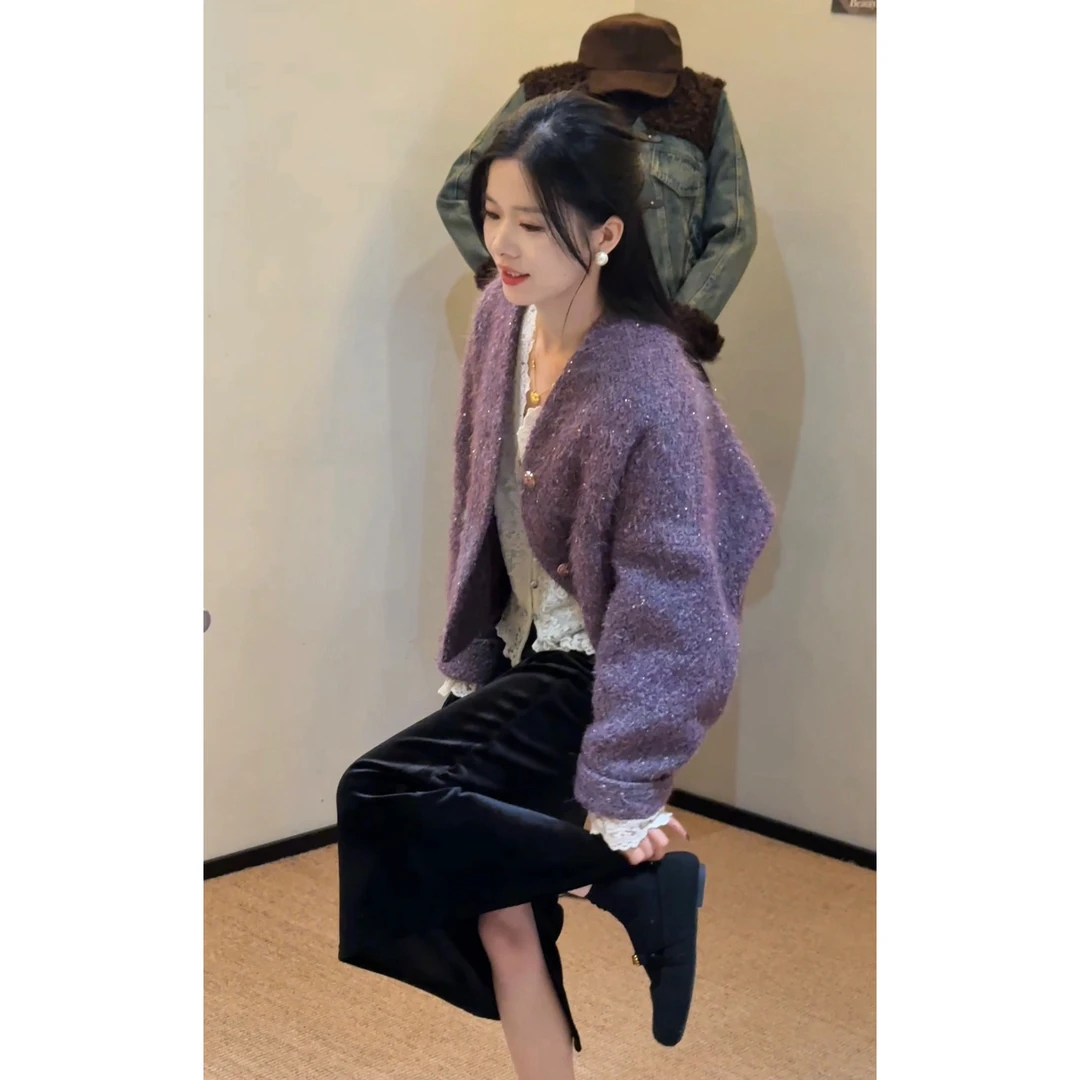 老赵服饰 小香风气质紫色V领亮片90羽绒服外套21AU5196