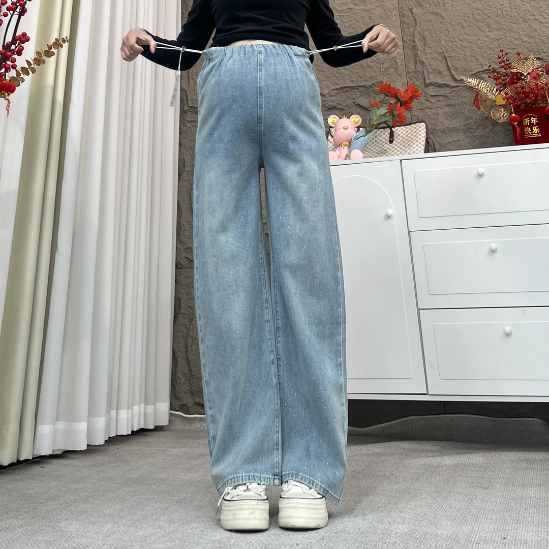 孕妇牛仔裤2025新款烫钻款侧抽绳孕妇裤外穿无托腹直筒裤休闲裤子