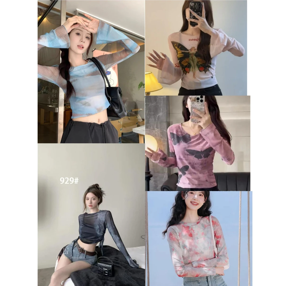 【小小酥】双层扎染晕染网纱衣长袖t恤上衣
