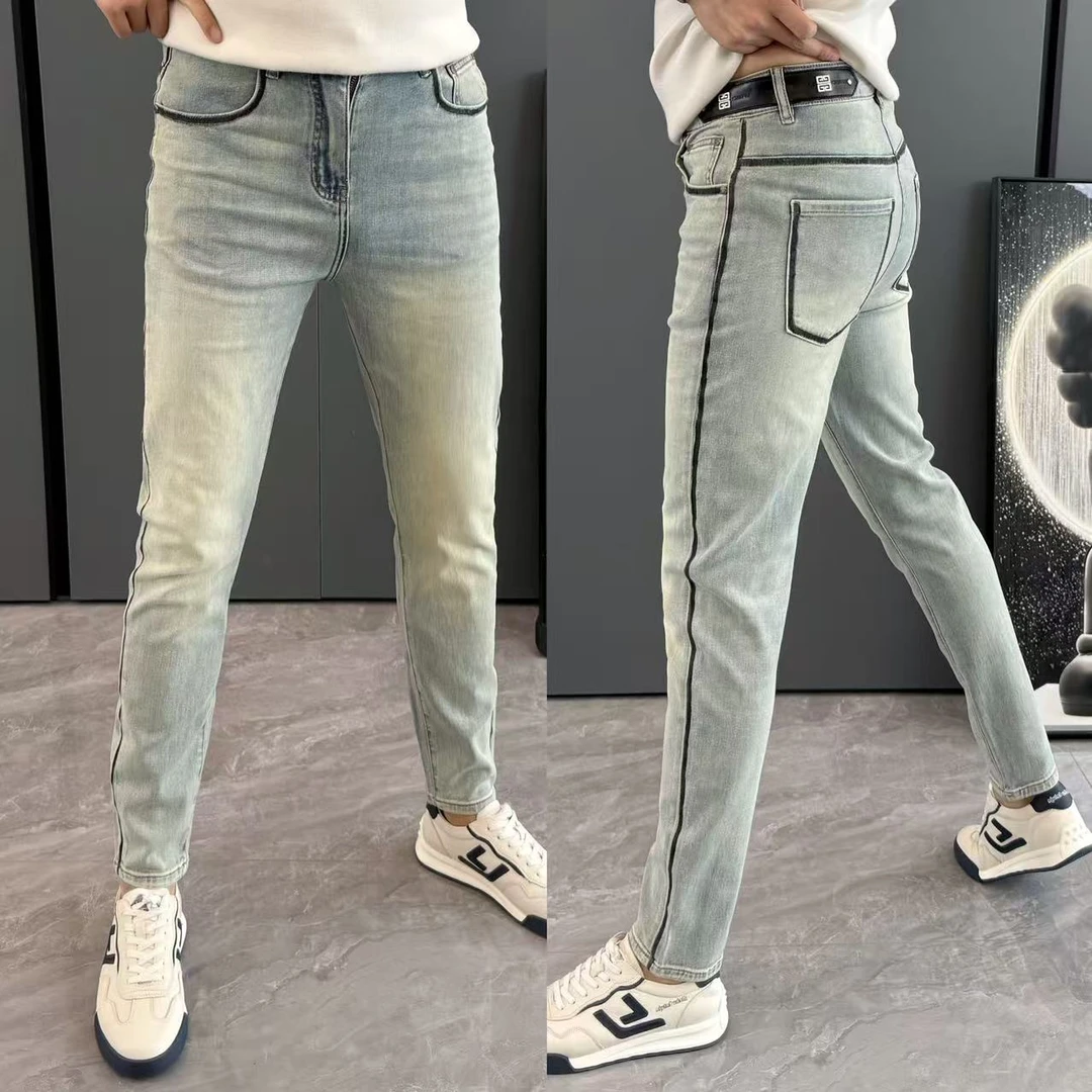 牛仔裤男时尚百搭男士长裤夏季薄款条纹拼接小脚裤男舒适弹力修身