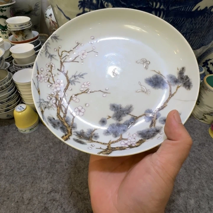 大***理摆件陶瓷工艺品摆件粉彩松竹梅盘（有冲线）
