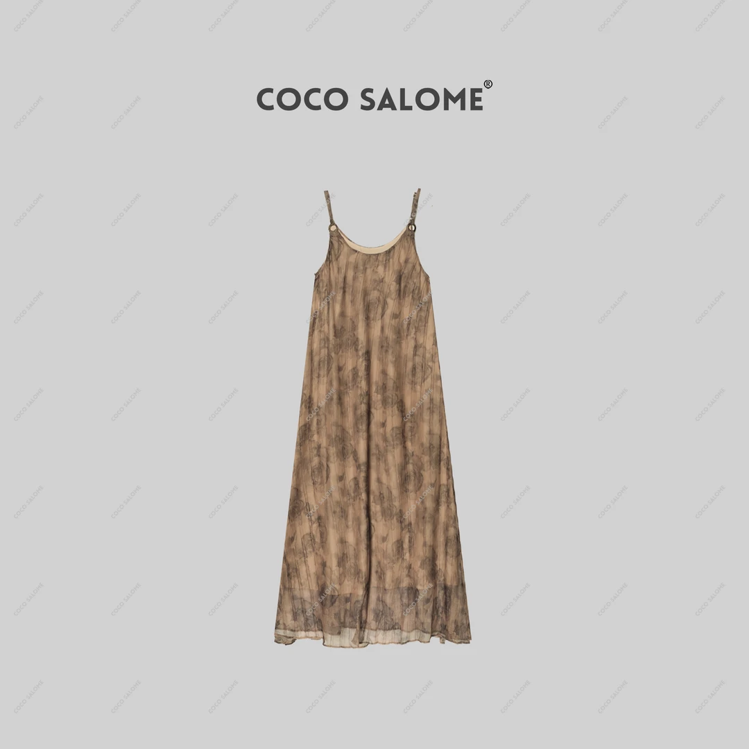 COCO SALOME【香槟玫瑰】宽松版玫瑰暗花波西米亚吊带长裙G009