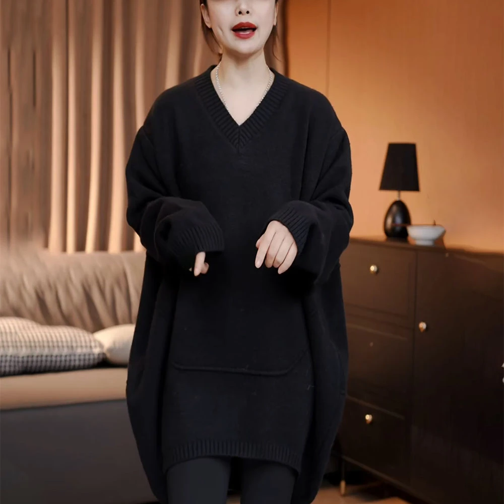 秋冬季女黑色毛衣慵懒高级感宽松中长款内搭v领打底针织衫上衣