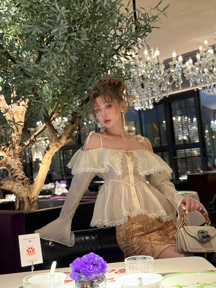 孙瑜儿【伊甸园】蕾丝花边吊带精致衬衫上衣亮片百褶裙套装SY02509