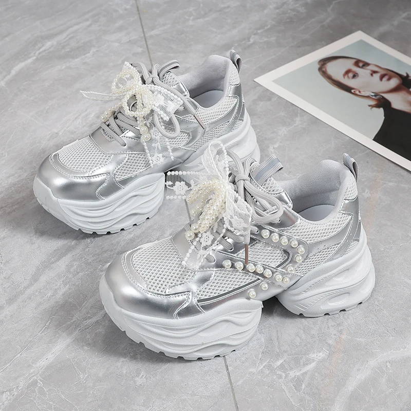 新款网面网红时尚老爹鞋软底ins潮2025新款透气休闲运动厚底女鞋