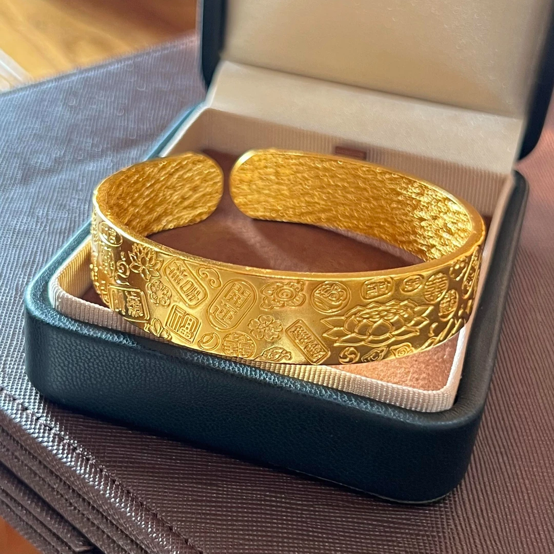 铜合金手镯 古法錾刻莲花吉言八宝手镯女宽版仿黄金福字开口镯子