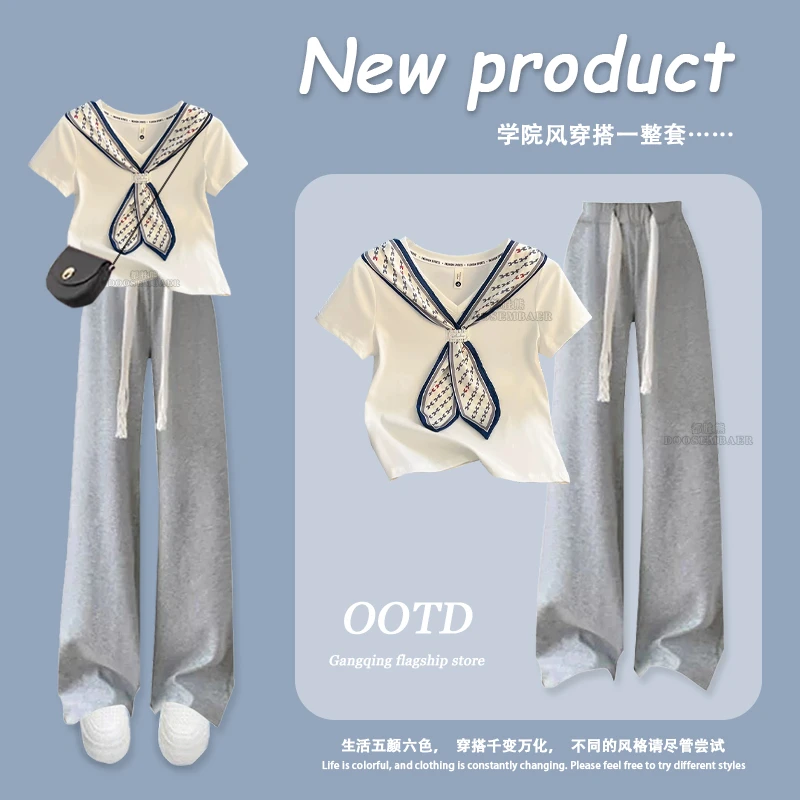 女童套装2025多巴胺穿搭女孩学院风中大童海军领T恤+阔腿裤两件套
