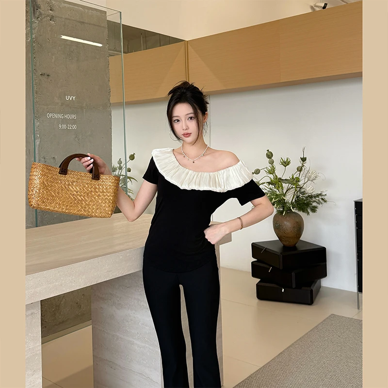 「子熙原创」一字肩花苞上衣女2025夏季新款拼接撞色褶皱短袖4541