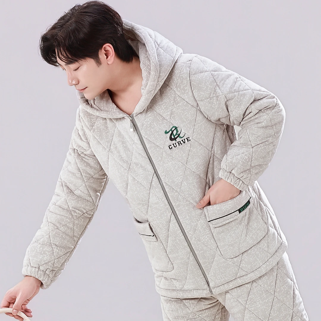 睡衣男士冬季三层夹棉加厚加绒珊瑚保暖海岛绒家可外穿居服套装