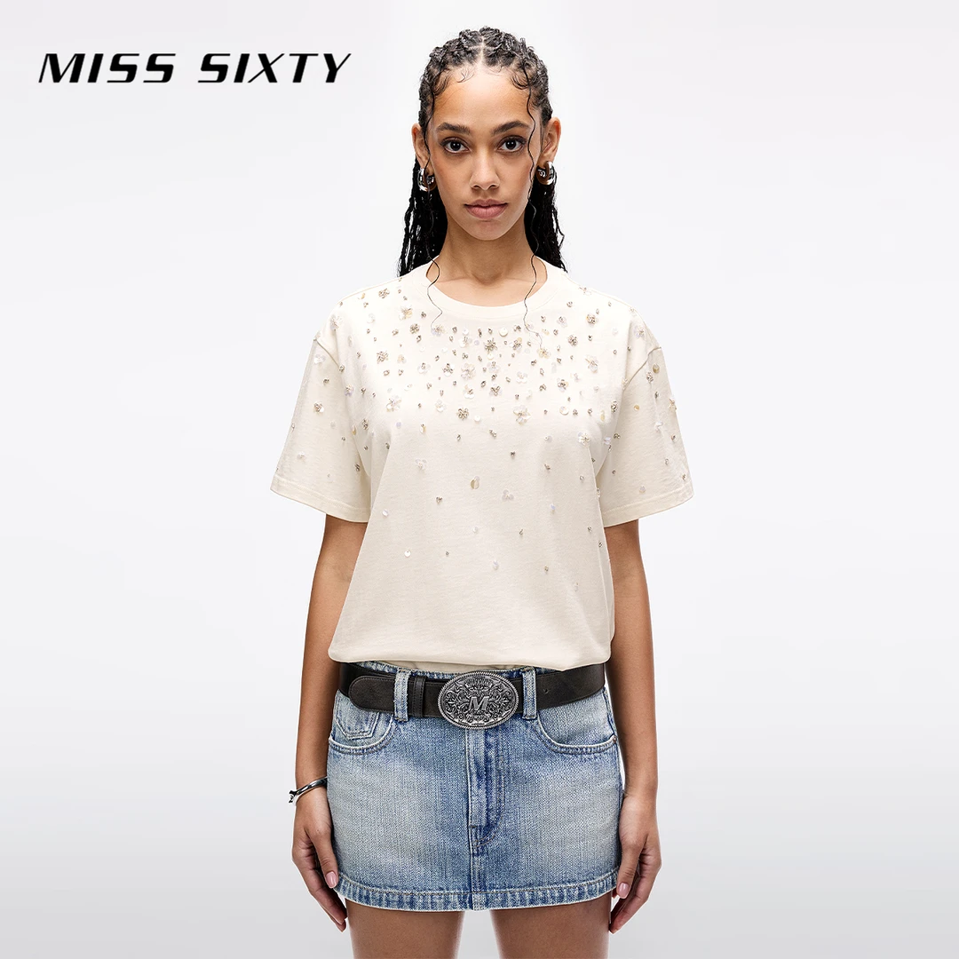 Miss Sixty2025春季新款短袖T恤女时尚圆领重工钉珠宽松上衣