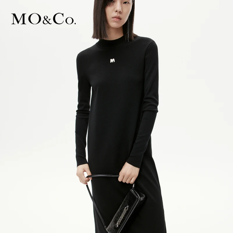 MOCO冬LOGO含羊毛后开叉黑色针织连衣裙MBC4DRS008