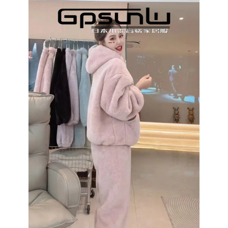 秋冬季慵懒风双面珊瑚绒连帽加厚家居服女2025冬季款宽松休闲睡衣