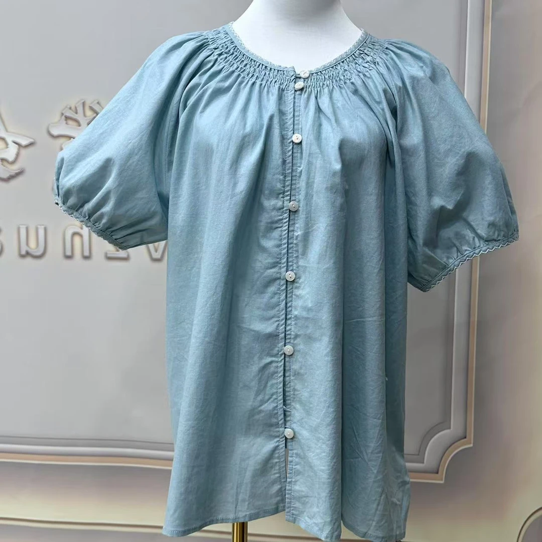 S8465 短袖衬衫百搭纽扣拼接夏季圆领简约风