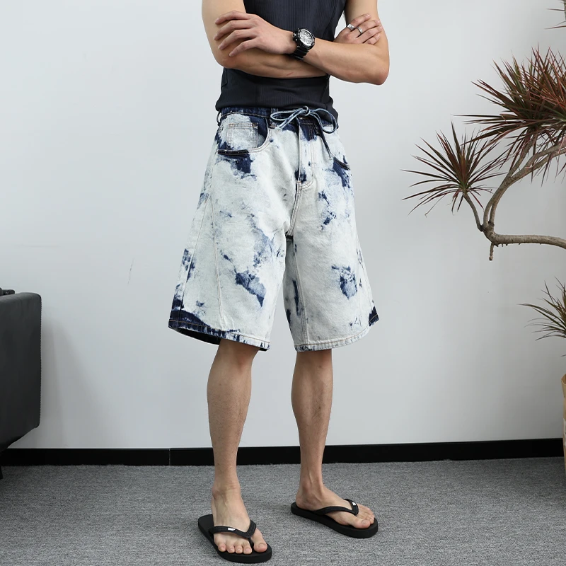 美式高街复古男士牛仔短裤夏季宽松直筒扎染雪花蓝五分裤休闲中裤