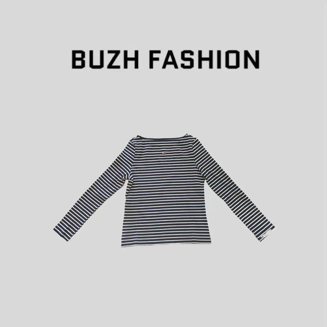 BUZH2025新款欧洲站春秋款蓝白条纹一字肩长袖内搭打底T恤