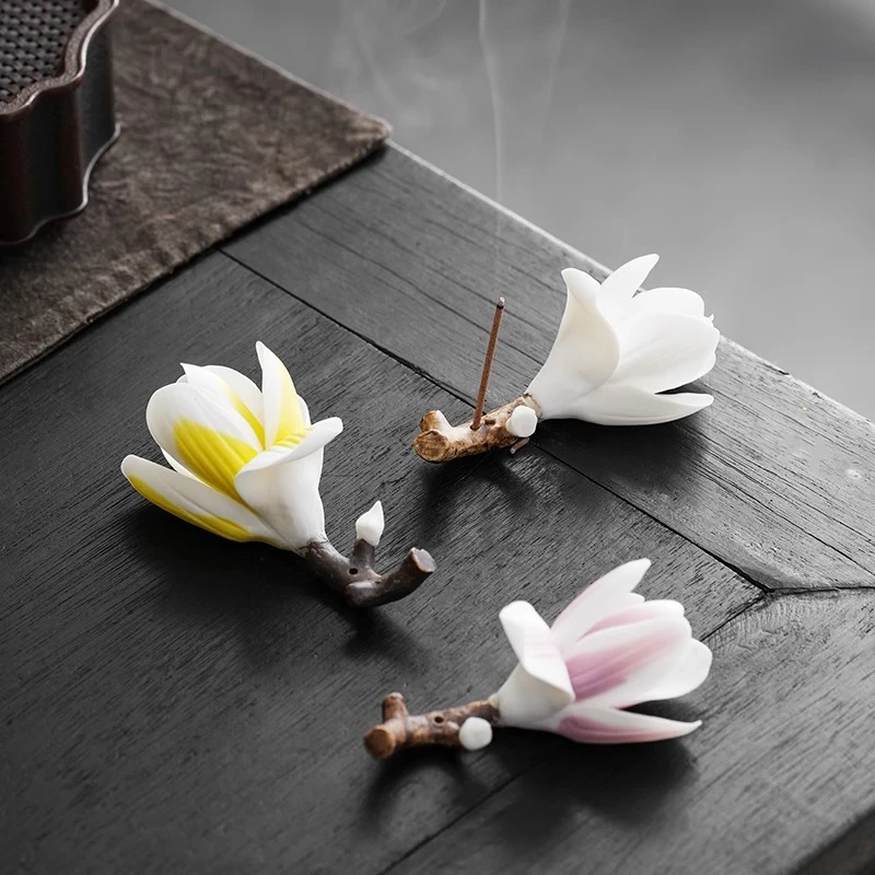 陶瓷玉兰花香插手工捏花香座禅意线香家用室内盖置笔搁家居摆件