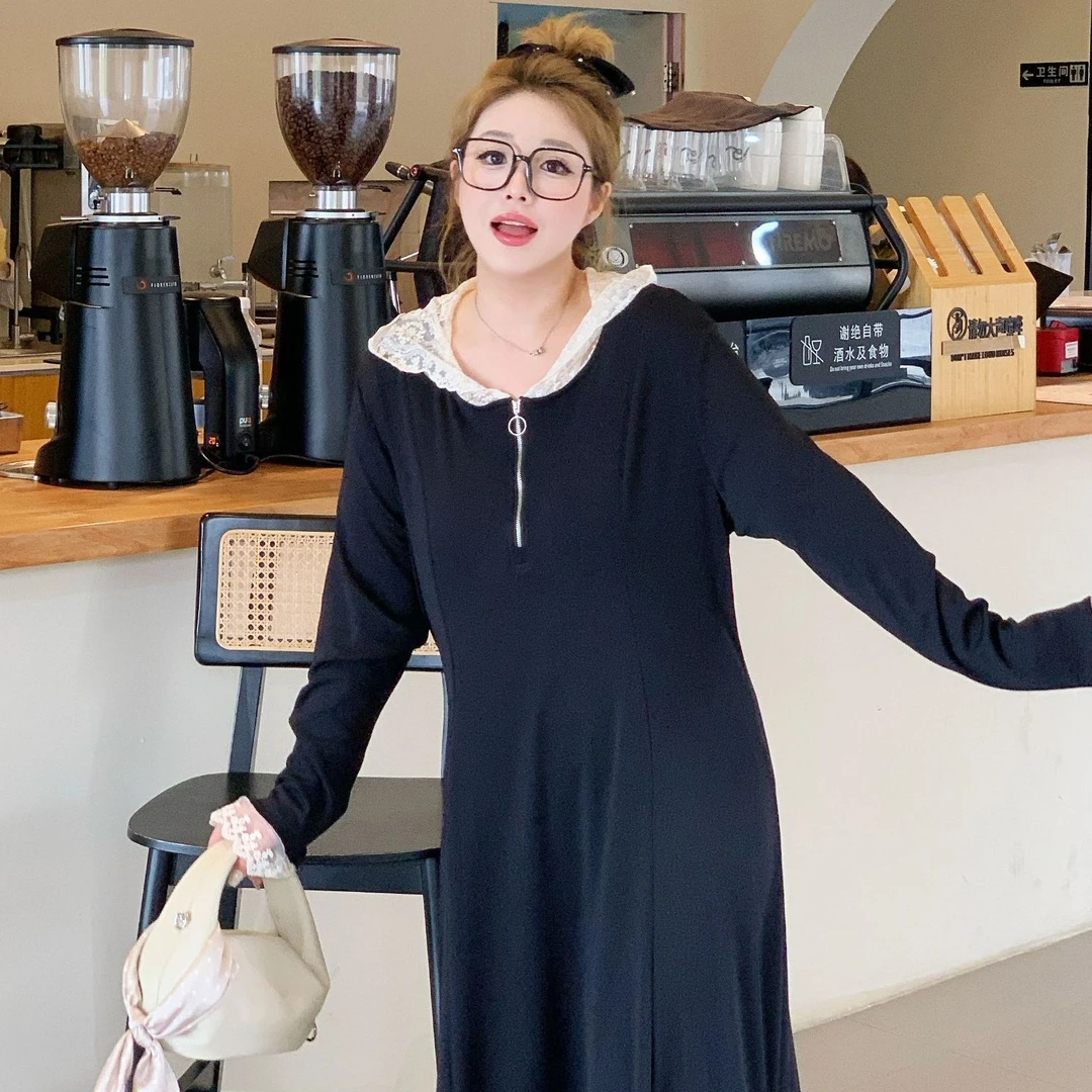 媛子大码【风华】蕾丝连帽连衣裙25年春季新款宽松洋气设计款中长裙