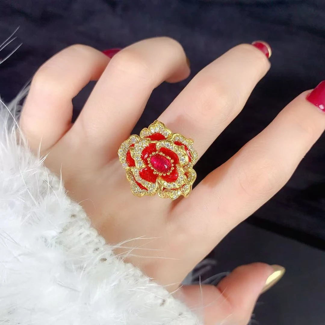 【伟新源】足金999 镶嵌人间富贵牡丹活口戒（附加751）