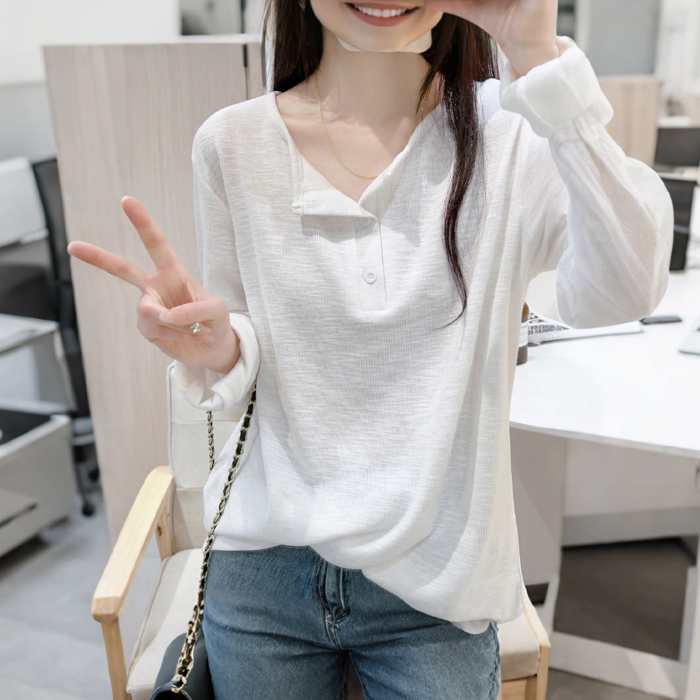 竹节棉长袖T恤女早秋新款宽松休闲百搭慵懒风半开领复古减龄上衣