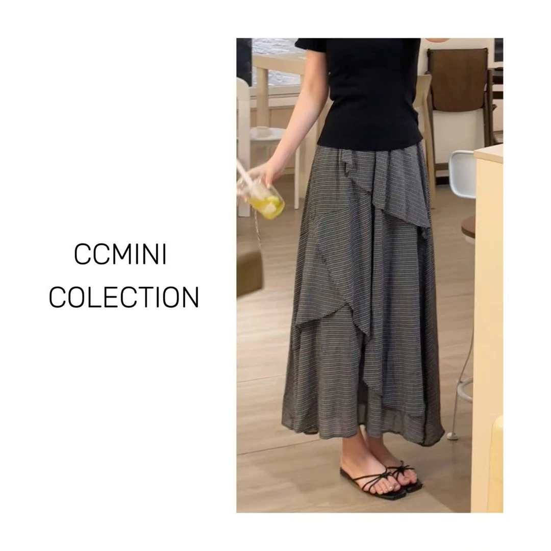 「棉麻格纹裙」夏季休闲半身裙 拼接高腰气质中长裙