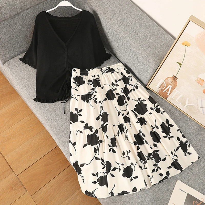 大码女装显瘦短袖抽绳针织衫黑玫瑰印花中长款半身裙两件套装裙女