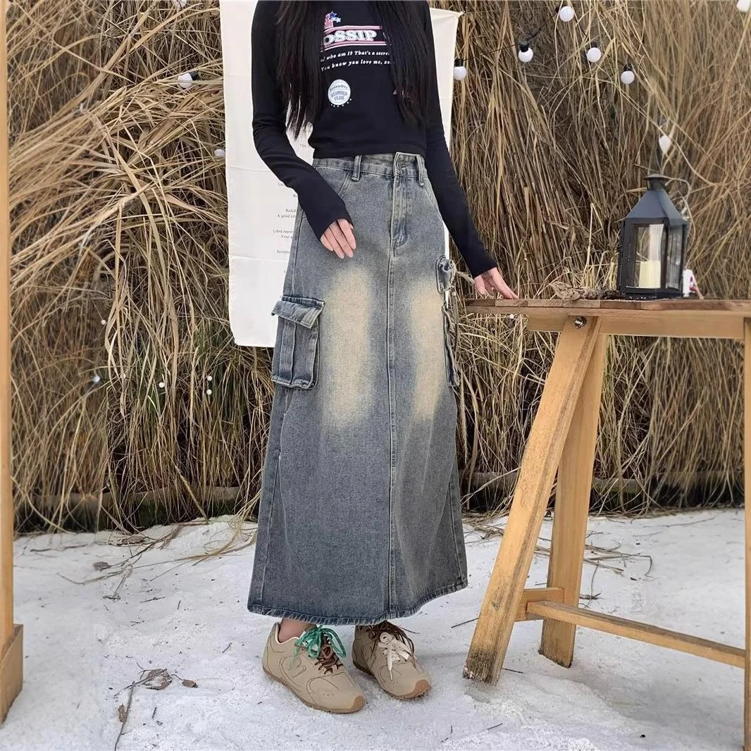复古牛仔半身裙女夏季美式大口袋工装中长裙高腰开叉A字大摆裙子