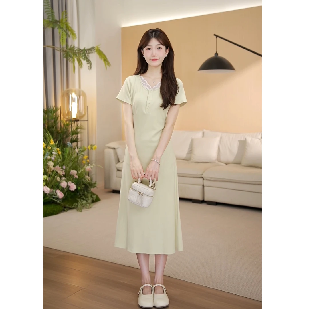（周周小个子）夏季新款显瘦气质褶皱时尚长款温柔连衣裙-8358