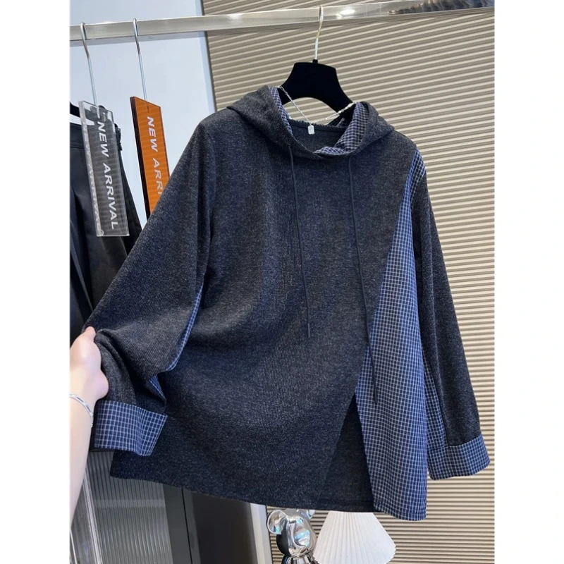 韩版300斤特大码假两件格子衬衣秋季拼接松弛感情侣休闲连帽卫衣