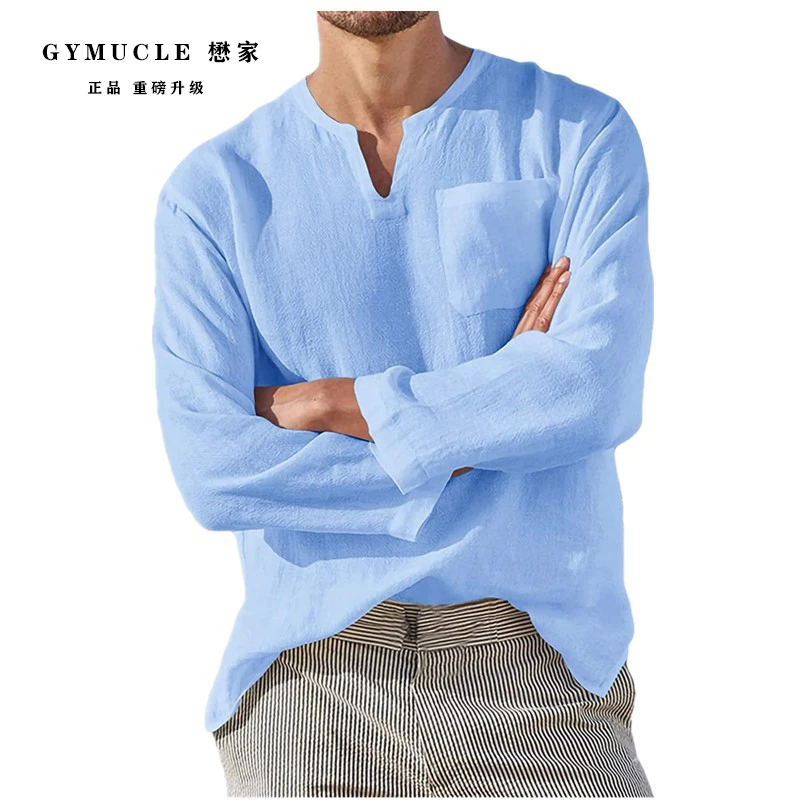 雅痞风棉麻长袖男2025秋冬新款透气宽松舒适休闲衬衫v领长袖纯棉