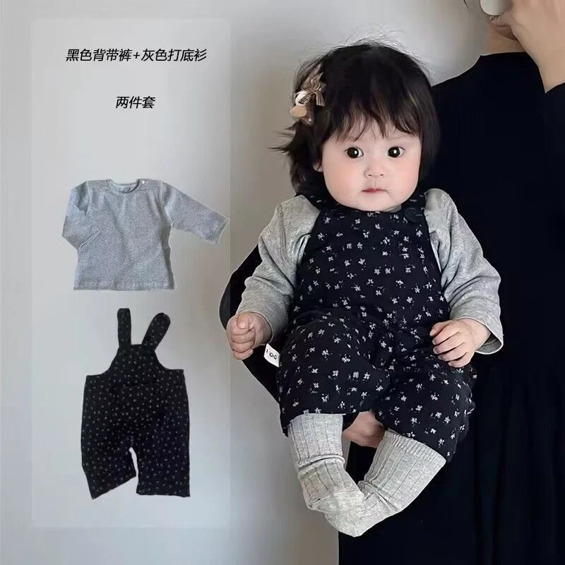 幼童春秋连体衣套装宝宝韩系洋气哈衣婴儿背带裤外出衣服两件套潮