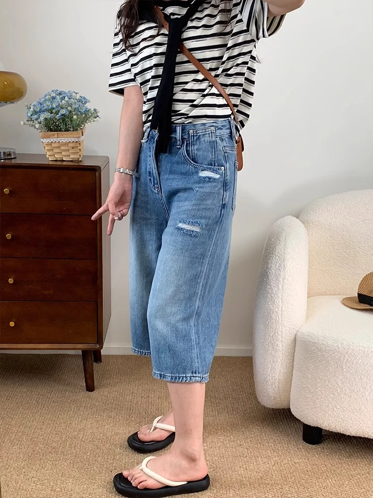 凉感莱赛尔小个子宽松牛仔中裤女2025夏季新款时髦破洞七分阔腿裤