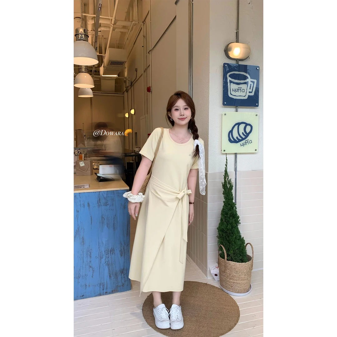 现货8175D大婉酱千千微胖定制 设计感绑带连衣裙夏季气质显瘦长裙