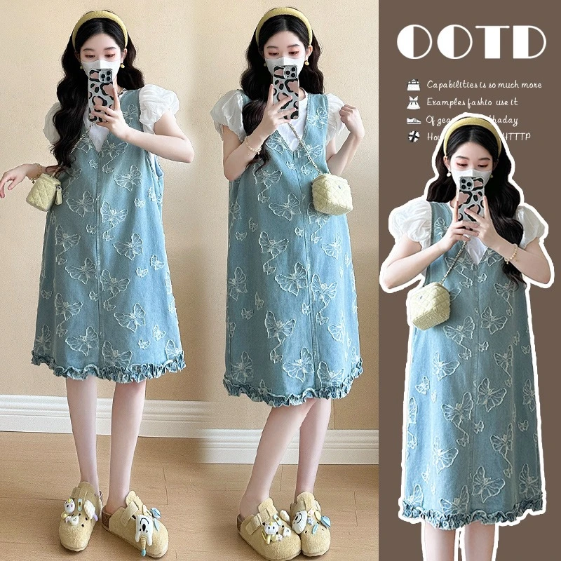 孕妇装2025夏季新款孕妇时尚牛仔提花蝴蝶背心裙泡泡袖T恤上衣