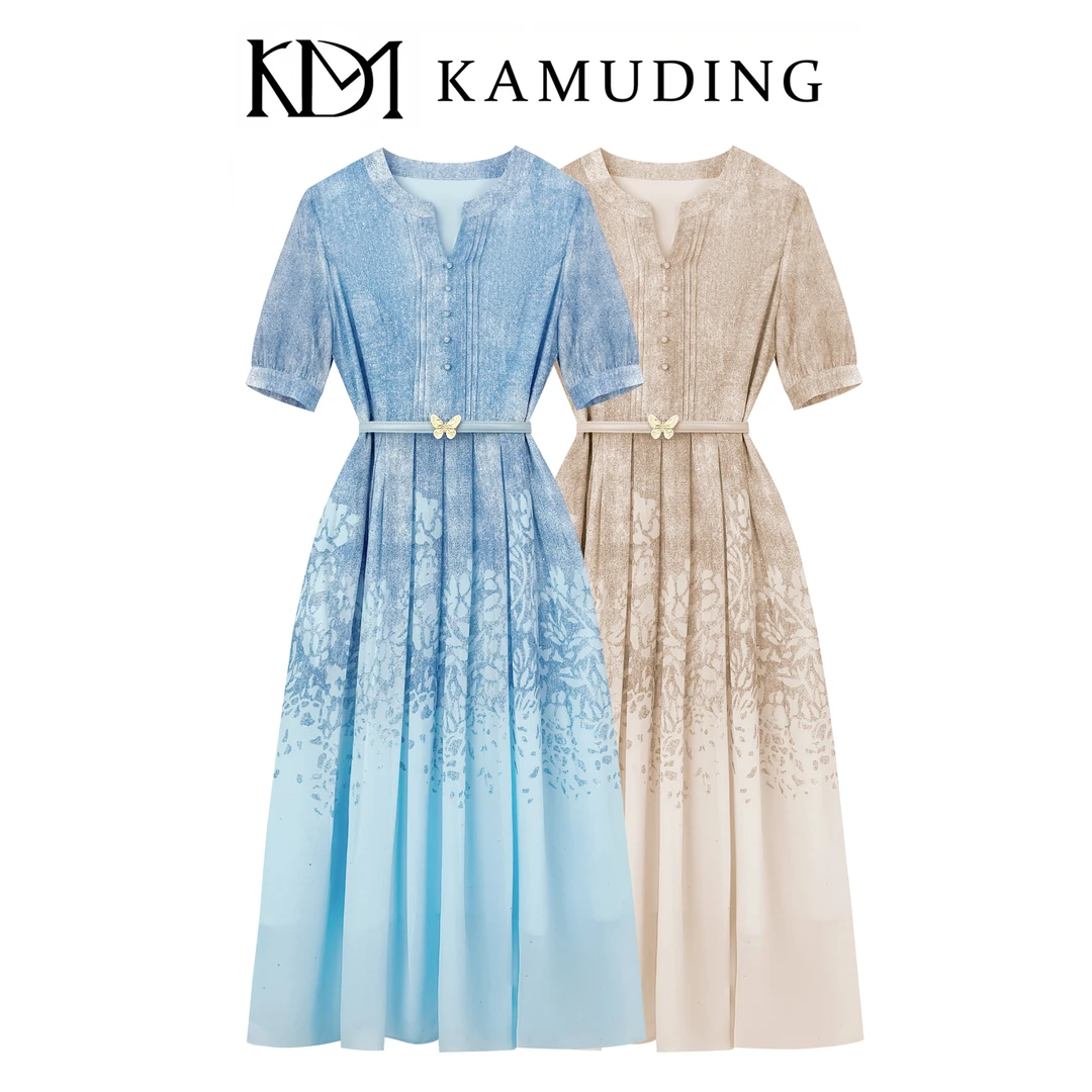 KAMUDING2025新款法式清新淡雅渐变印花蝴蝶腰带设计连衣裙8826