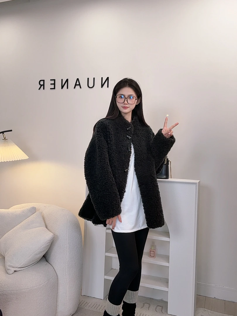 25秋冬韩系小立领100%纯羊羔毛/羊剪绒毛绒一体式中长外套，衣长72