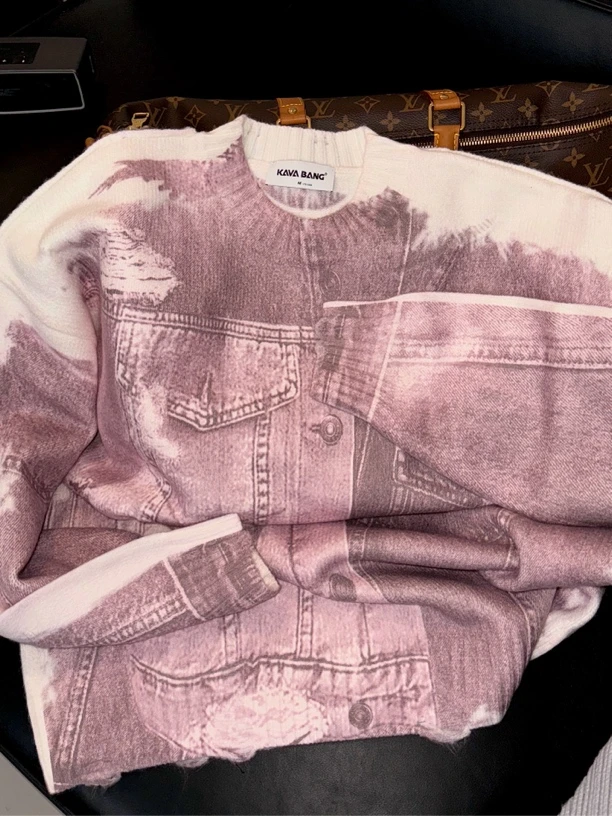 RIVERSTUIDO 重工复古美粉色牛仔印花针织毛衣