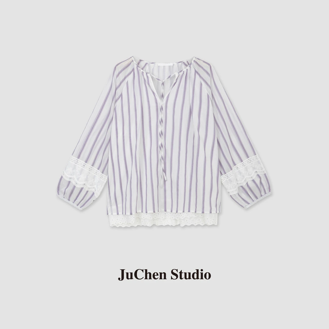 “风信紫”法式松弛感蕾丝刺绣插肩灯笼袖条纹衬衫 SS123456