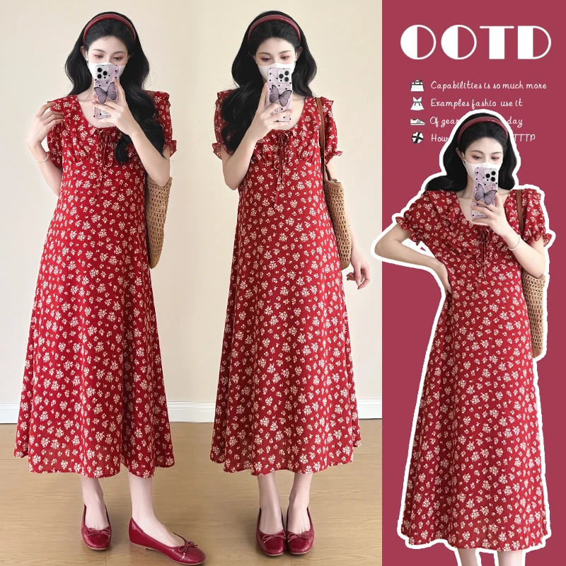 时髦孕妇装新款2025夏法式大码显瘦荷叶边时尚款泡泡袖碎花连衣裙