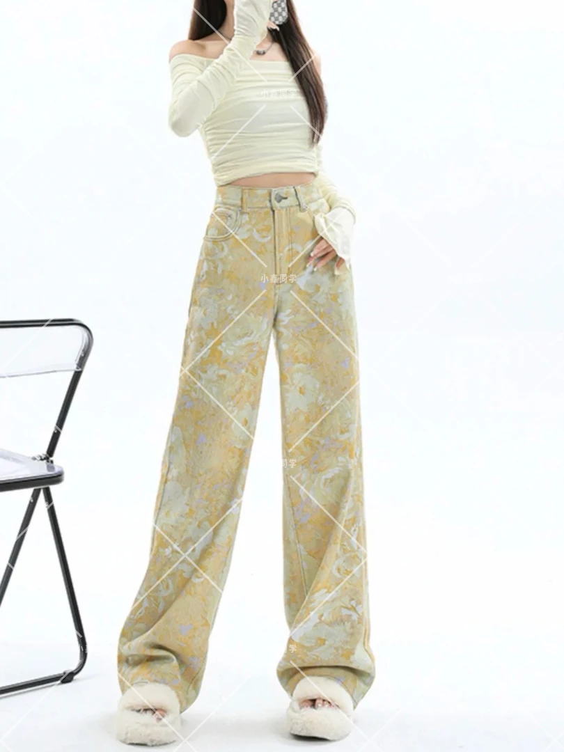 夏日浪漫黄碎花阔腿牛仔裤女2025夏季新款高腰慵懒宽松垂感堆堆裤