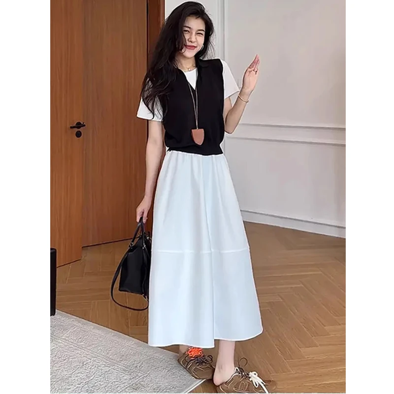 欧货时尚洋气套装女夏季假两件T恤上衣半身裙清纯系松弛感两件套