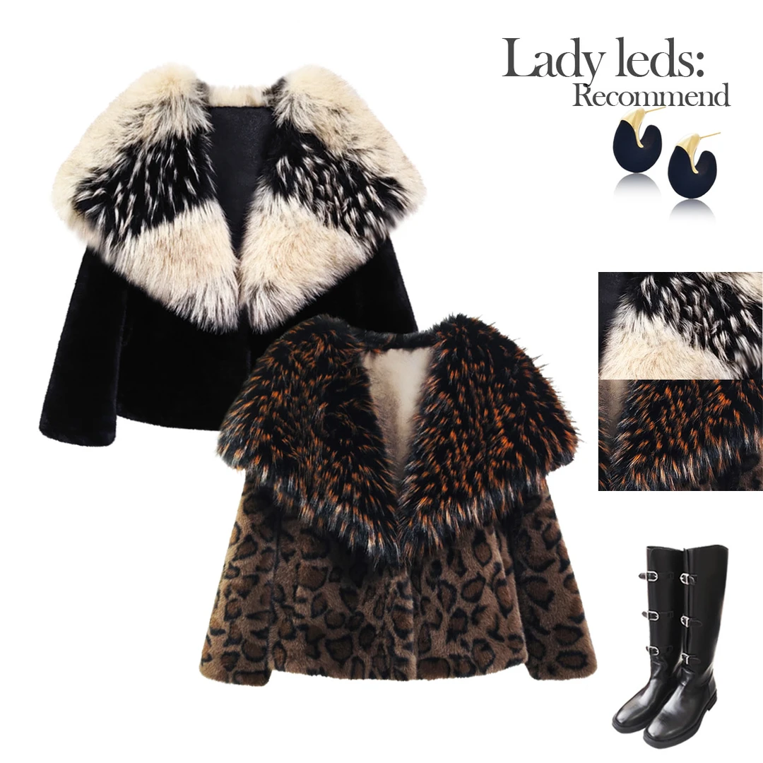 LEDS 28176冬季新款个性洋气两色大毛领短外套