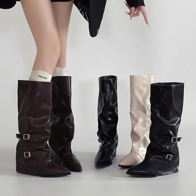 OJRZ复古辣妹风皮带扣套脚裤筒靴女2025冬季新款高筒靴尖头裤管靴