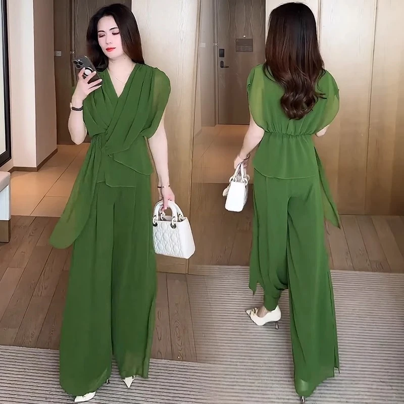 时尚冰丝套装女夏季新款洋气V领雪纺衫垂感阔腿裤职业气质两件套