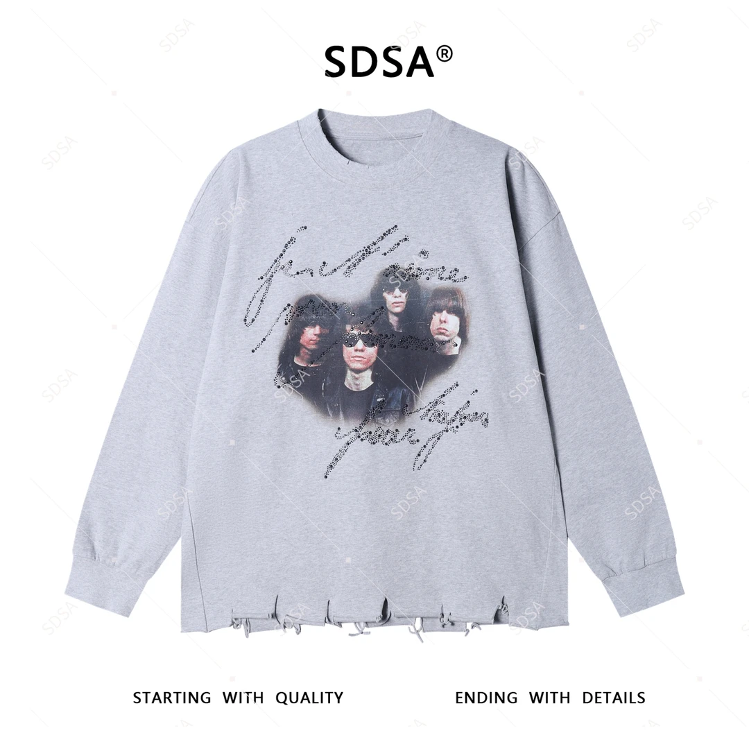 SDSA男士2025新款轻奢痞帅男装人像印花烫钻圆领卫衣破烂设计复古