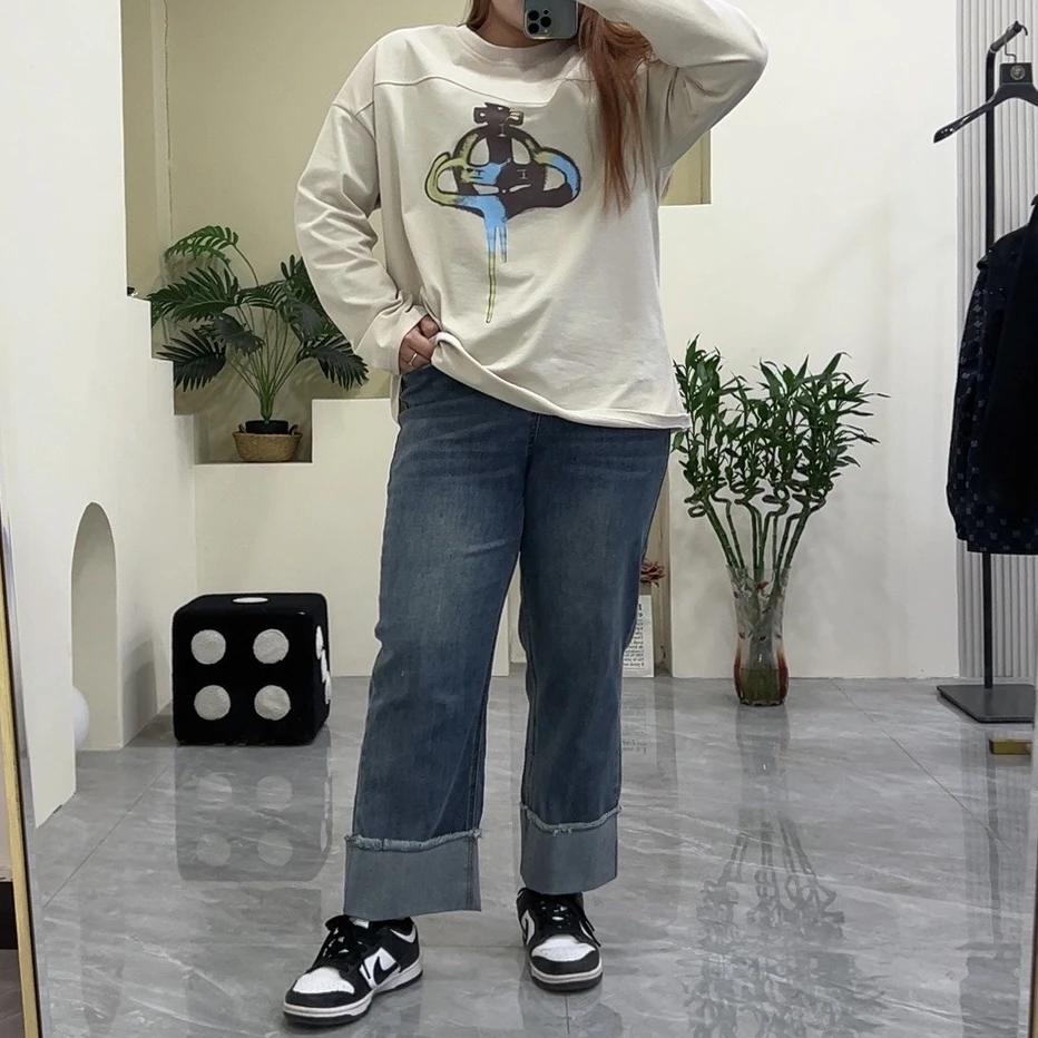 【彤彤家】大码女装胖mm复古高腰水洗直筒牛仔裤翻边牛仔裤女春新款