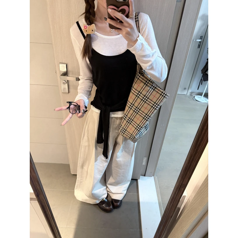 韩系穿搭撞色长袖t恤女秋季设计感小众独特绑带氛围感上衣两件套