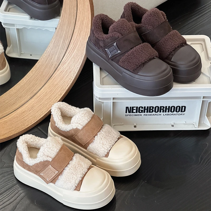 加绒加厚棉鞋女2025冬季新款毛毛鞋网红厚底板鞋魔术贴休闲松糕鞋