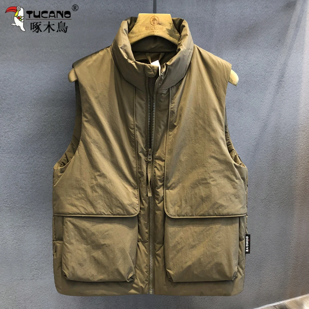 啄木鳥冬季新款工装防寒马甲男士宽松休闲简约面包服背心加厚外套