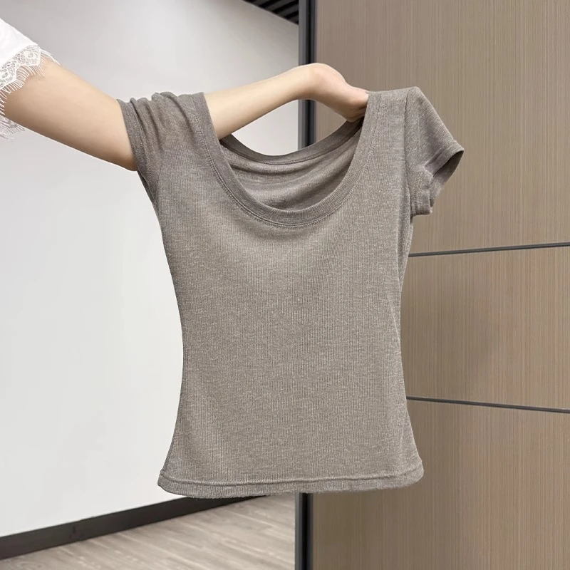 松弛感洋气正肩大U领透感短袖慵懒薄款T恤女夏季休闲显瘦纯欲上衣